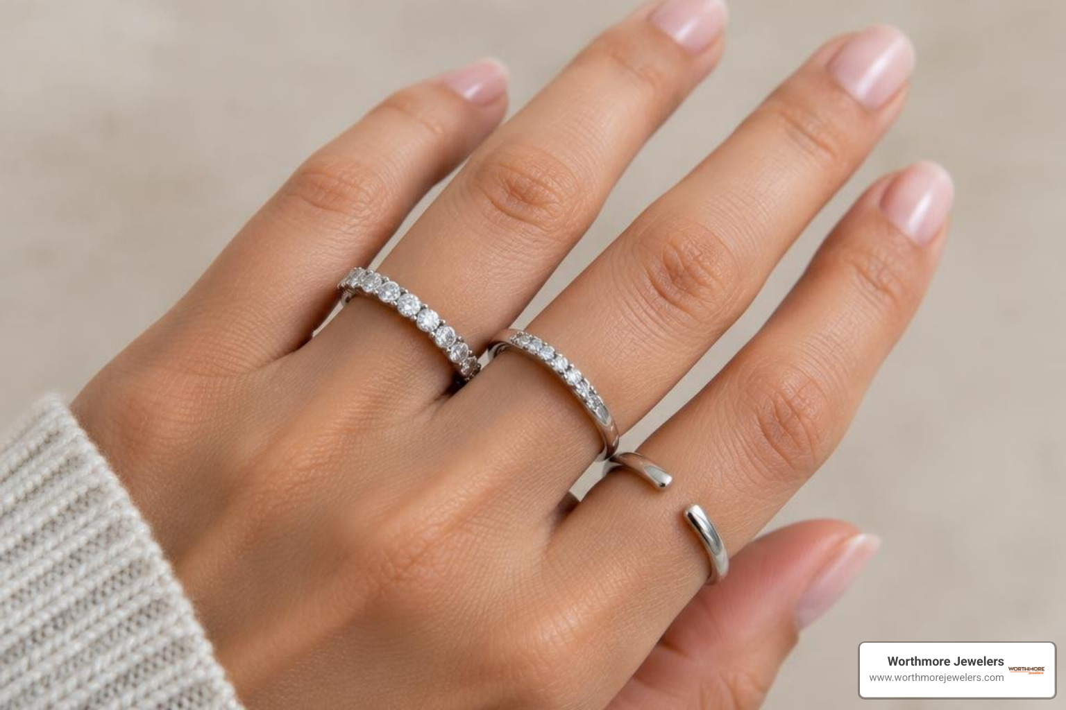 Comparison of full eternity, half eternity, and open cuff wedding band silhouettes Comparison of full eternity, half eternity, and open cuff wedding band silhouettes