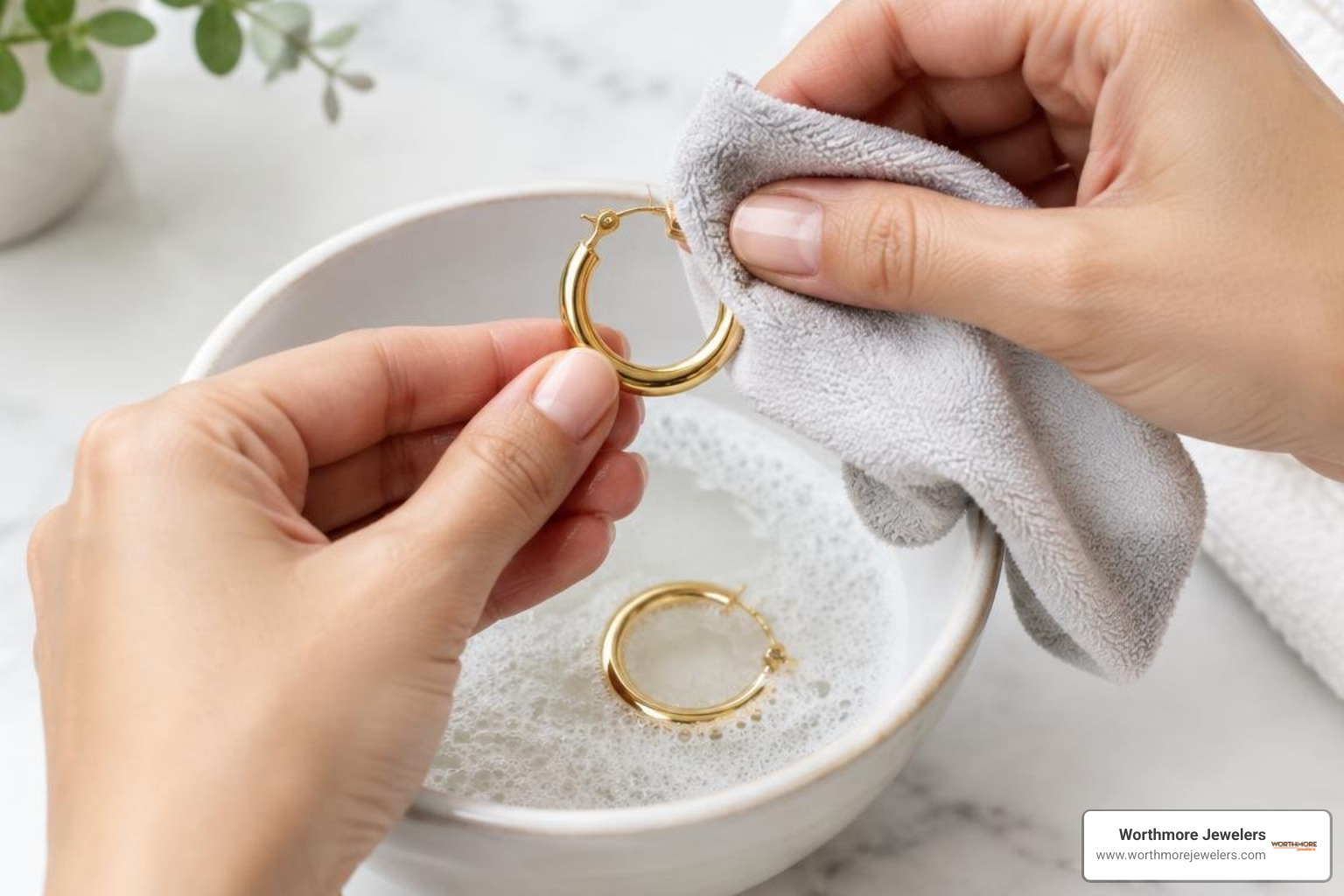 Cleaning solid gold earrings with warm soapy water and a soft cloth Cleaning solid gold earrings with warm soapy water and a soft cloth
