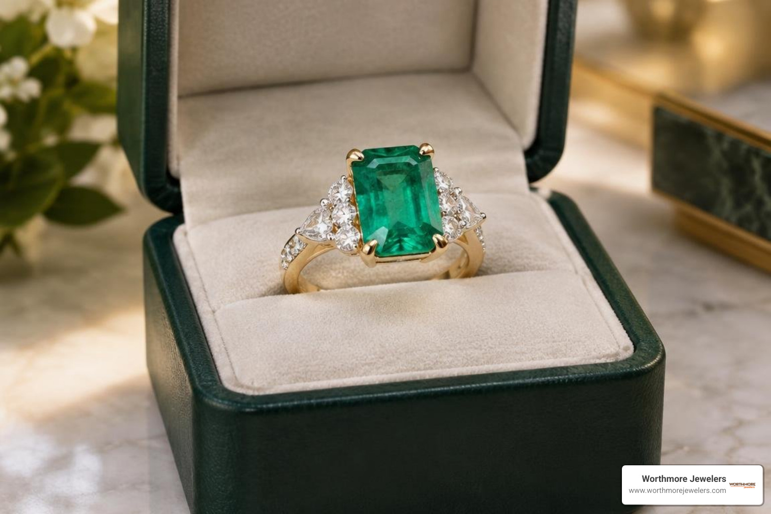 Fine emerald ring with diamond accents in a luxury display Fine emerald ring with diamond accents in a luxury display
