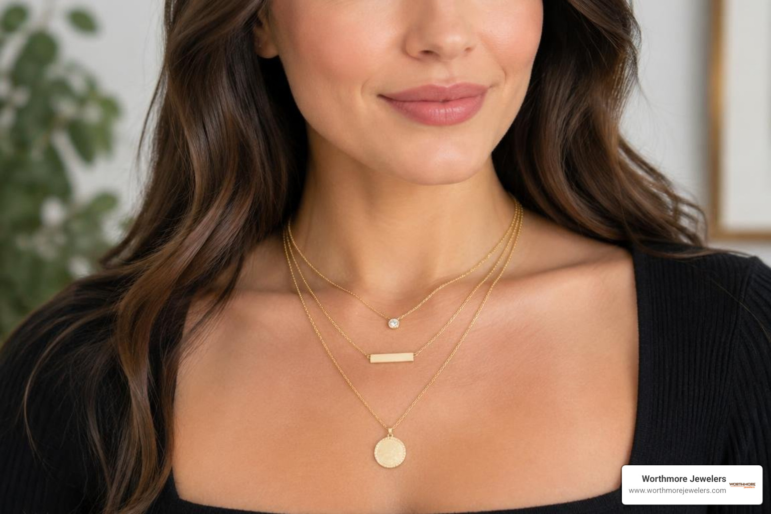 Layered gold necklaces at different lengths on a model Layered gold necklaces at different lengths on a model