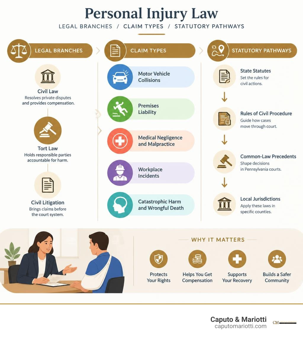 Infographic of legal branches, claim types, and statutory pathways in personal injury law infographic Infographic of legal branches, claim types, and statutory pathways in personal injury law infographic