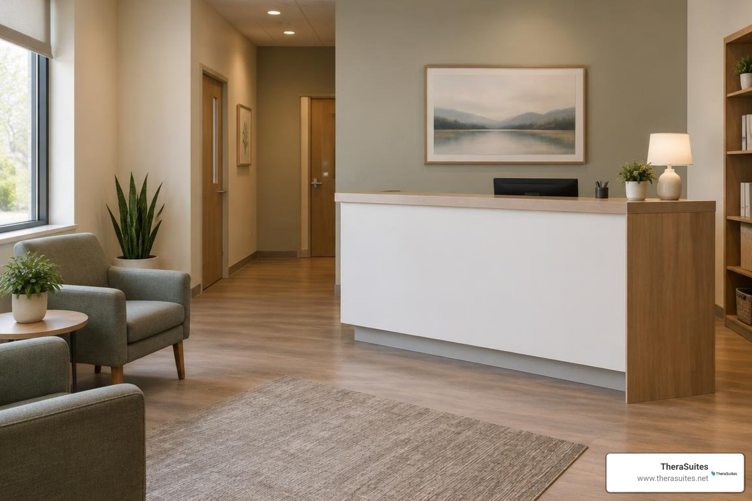 Welcoming professional office building reception lobby Welcoming professional office building reception lobby
