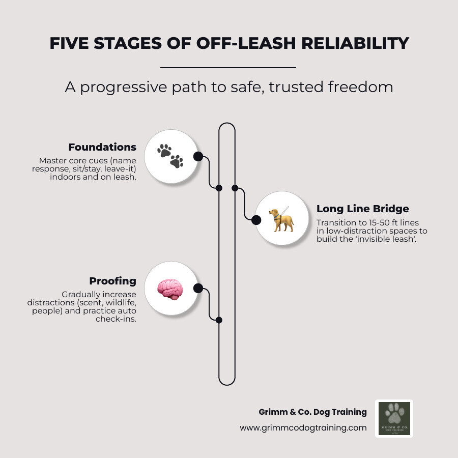 Five stages of off-leash reliability: foundations, recall, long line, proofing, safe freedom infographic Five stages of off-leash reliability: foundations, recall, long line, proofing, safe freedom infographic