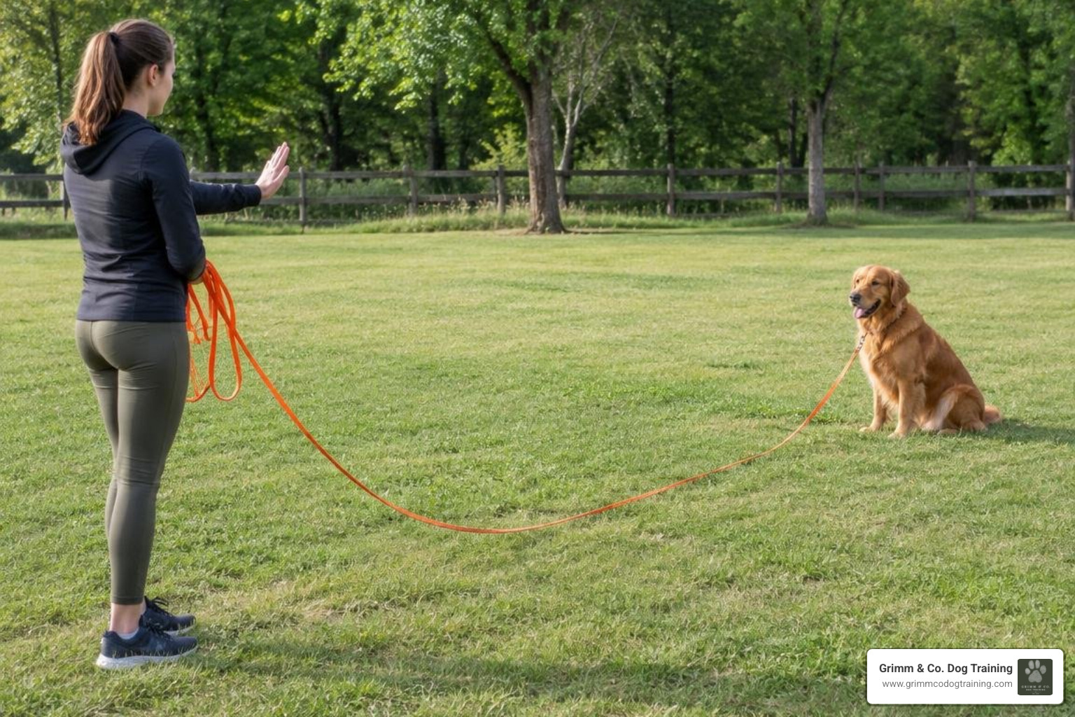 Handler practicing distance cues with a dog on a 30-foot biothane long line Handler practicing distance cues with a dog on a 30-foot biothane long line