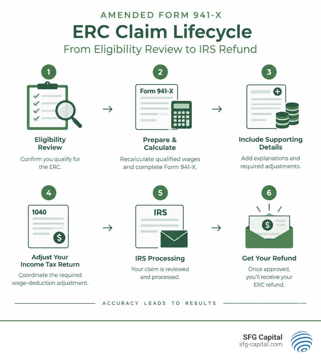 Amended Form 941-X ERC claim lifecycle from eligibility review to IRS refund infographic Amended Form 941-X ERC claim lifecycle from eligibility review to IRS refund infographic