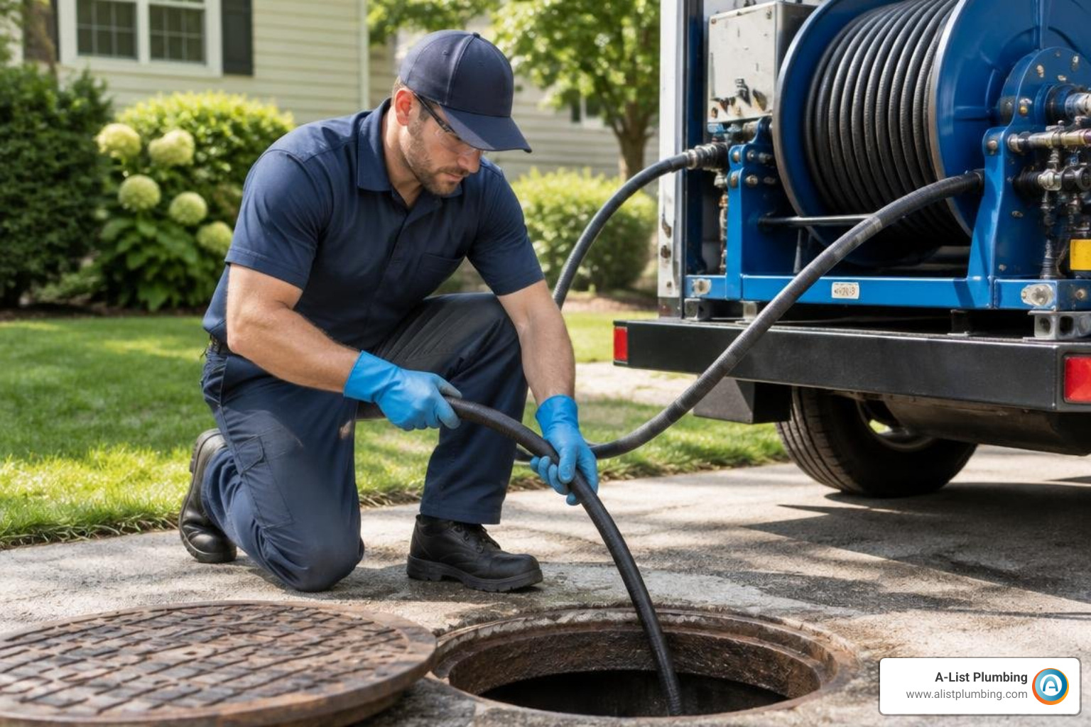 Professional plumbing technician operating high-pressure hydro jetting equipment