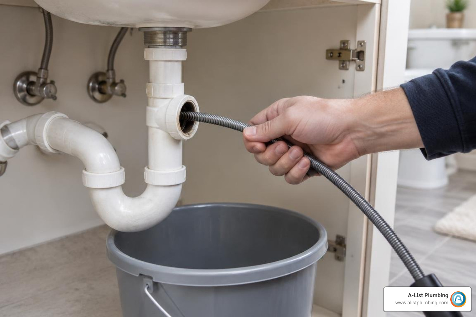Hand auger cable feeding carefully into a drain pipe cleanout