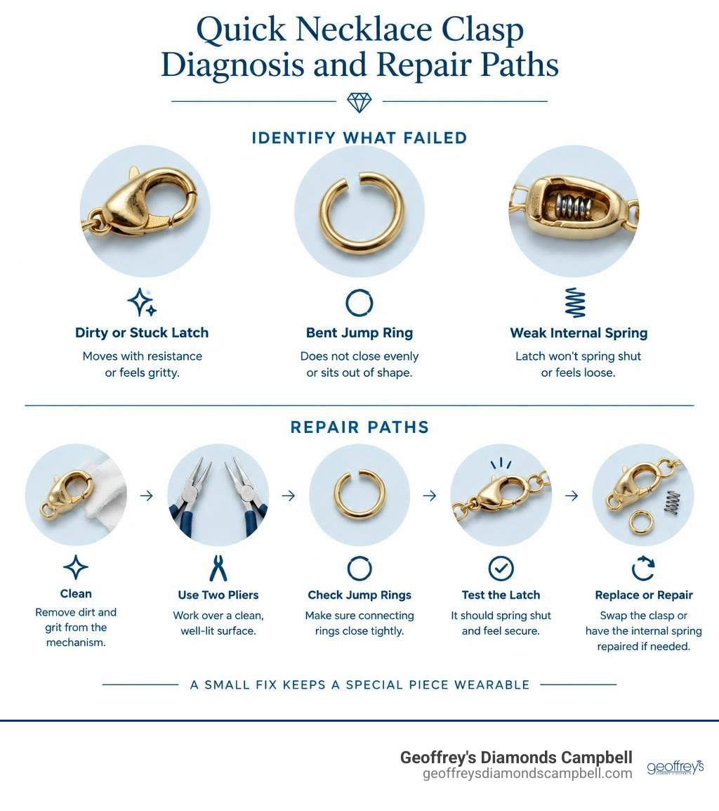 Quick necklace clasp diagnosis and repair paths infographic