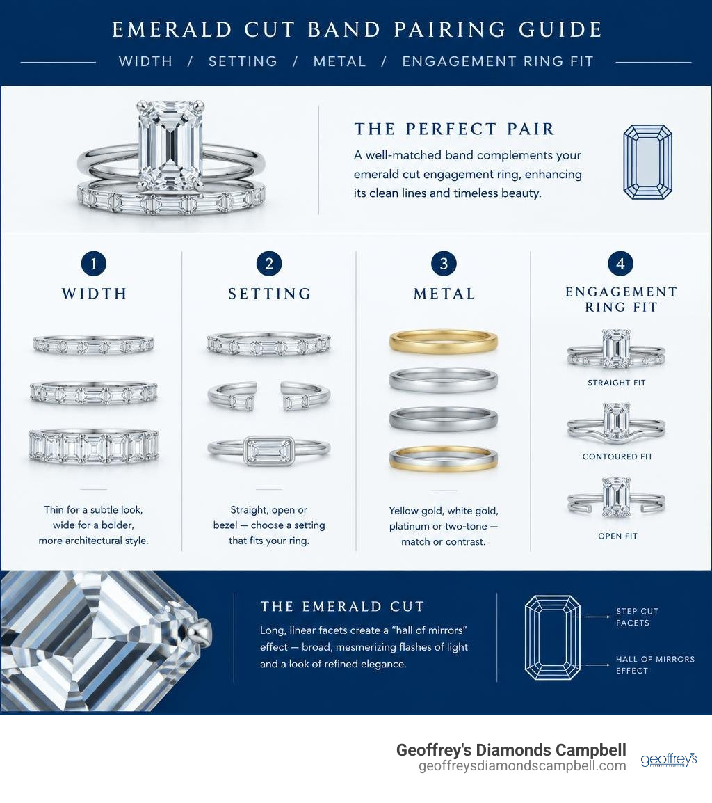 Emerald cut band pairing guide: width, setting, metal, and engagement ring fit infographic