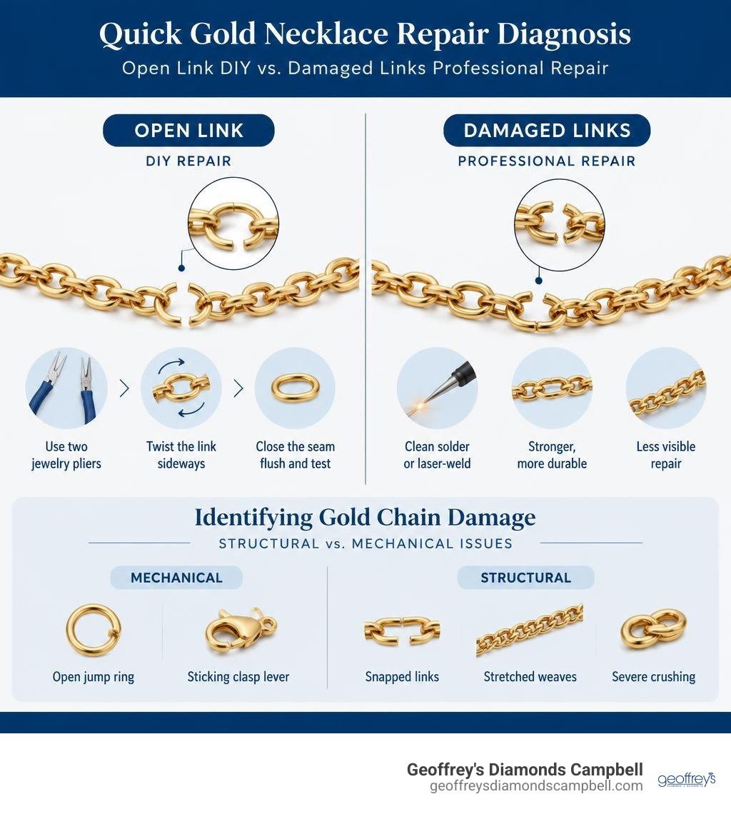 Quick gold necklace repair diagnosis: open link DIY versus damaged links professional repair infographic Quick gold necklace repair diagnosis: open link DIY versus damaged links professional repair infographic