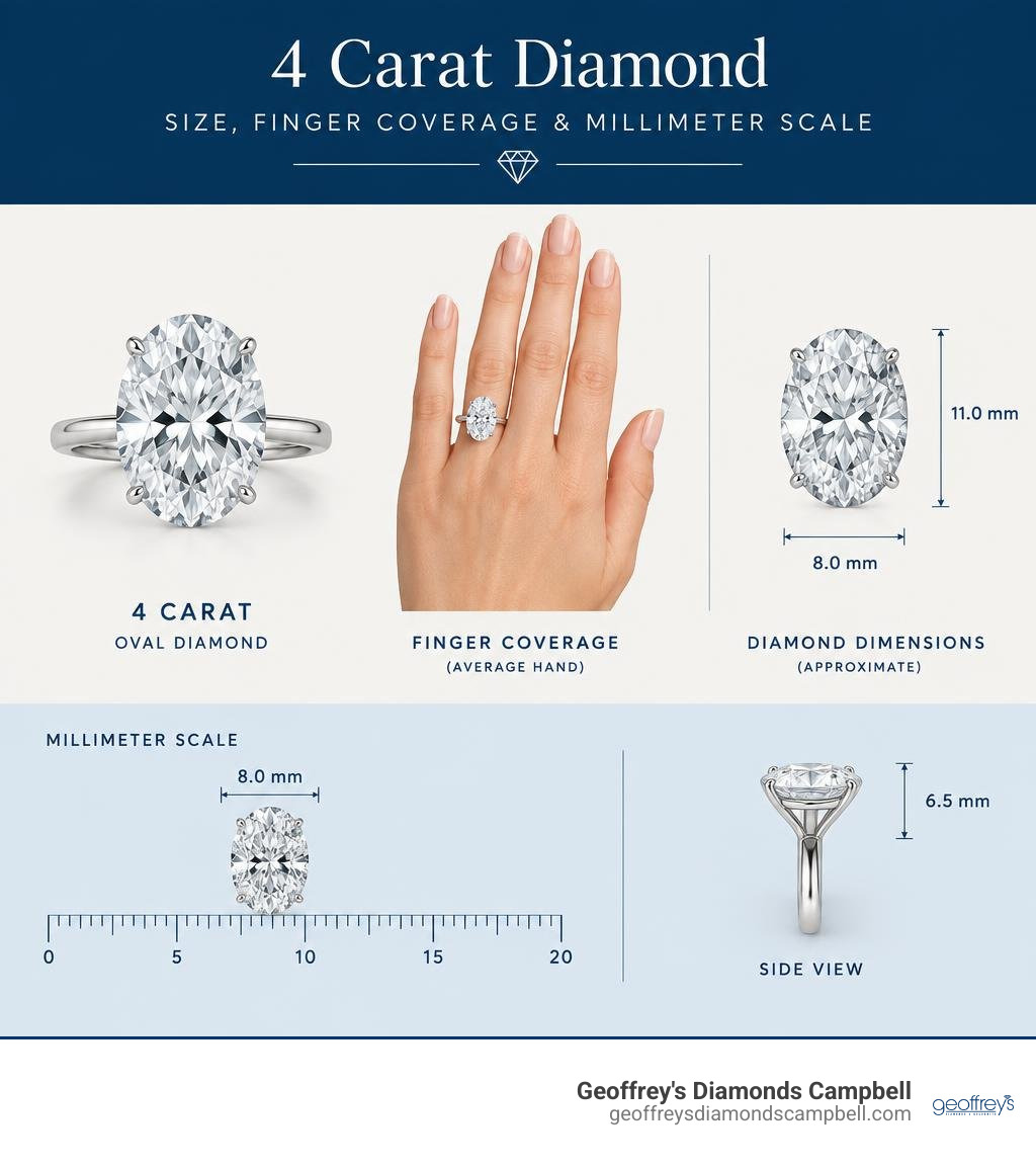 4 carat diamond size compared with finger coverage and millimeter scale infographic