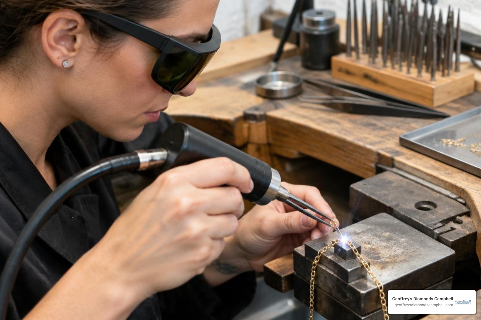 bench jeweler laser welding a delicate gold chain link bench jeweler laser welding a delicate gold chain link