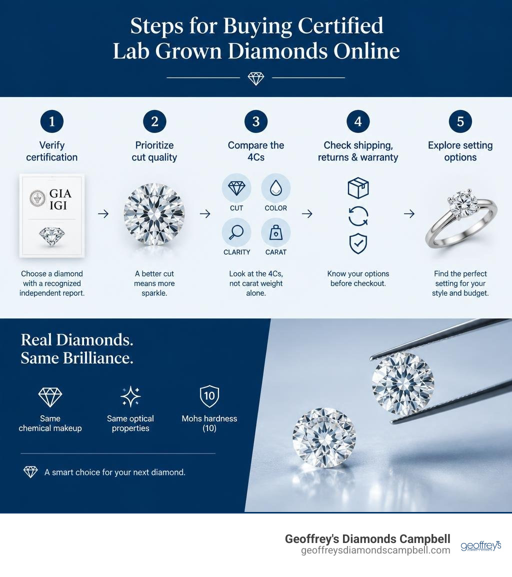 Steps for buying certified lab grown diamonds online infographic