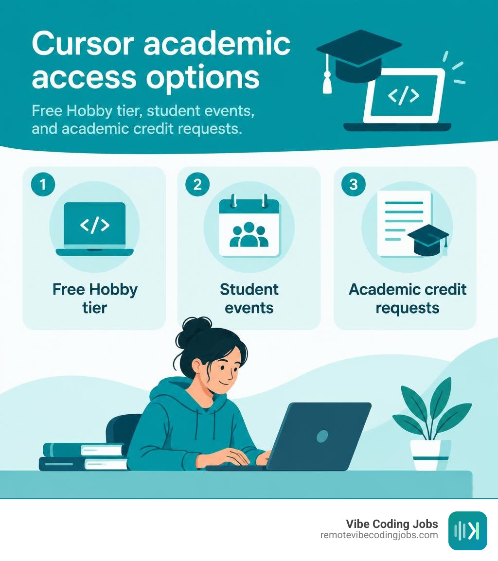 Cursor academic access options: free Hobby tier, student events, and academic credit requests infographic