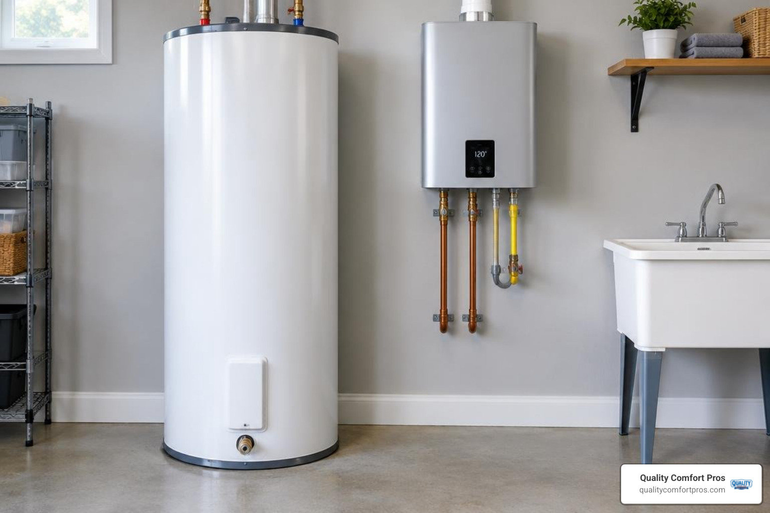 modern storage water heater beside compact tankless unit