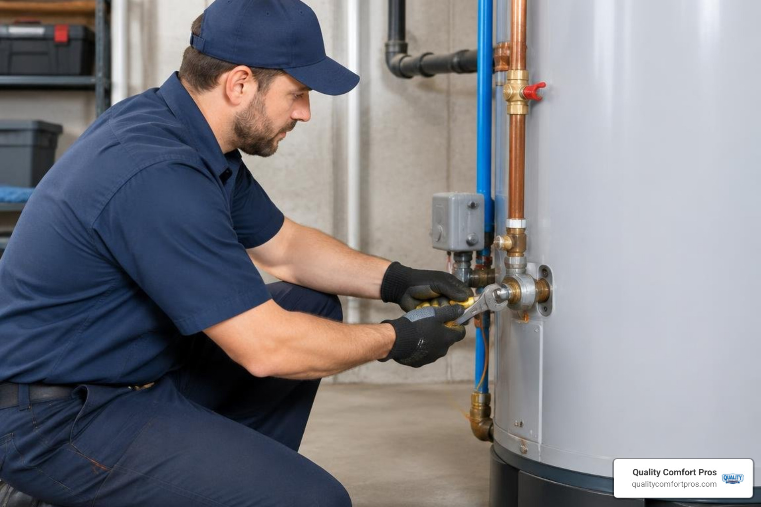 professional plumbing technician servicing water heater connections