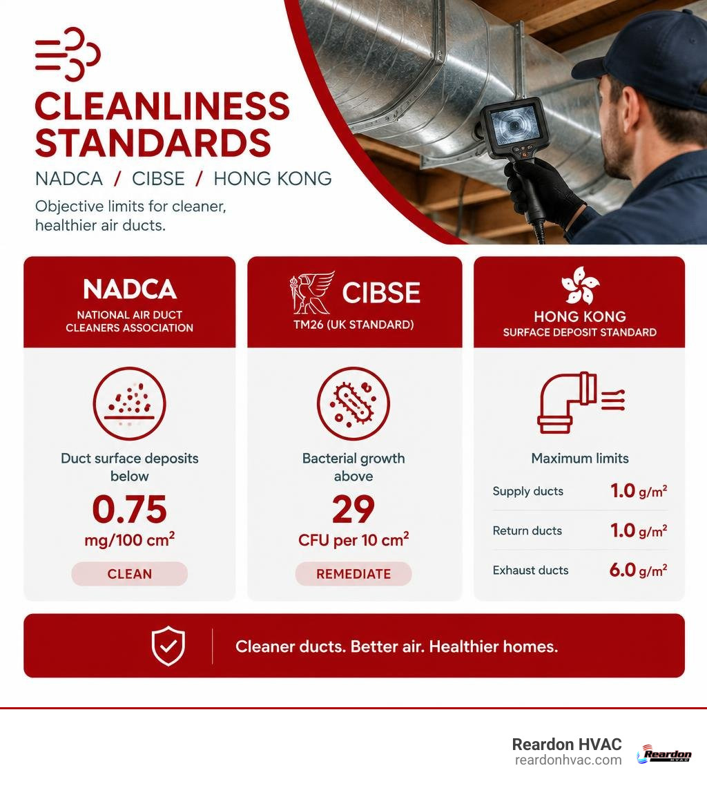 Cleanliness standards infographic showing NADCA, CIBSE, and Hong Kong dust deposit limits infographic
