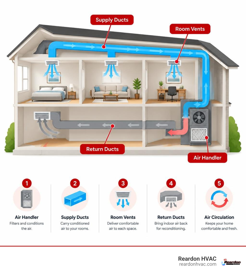 Infographic showing supply ducts, room vents, return ducts, and air handler circulation infographic