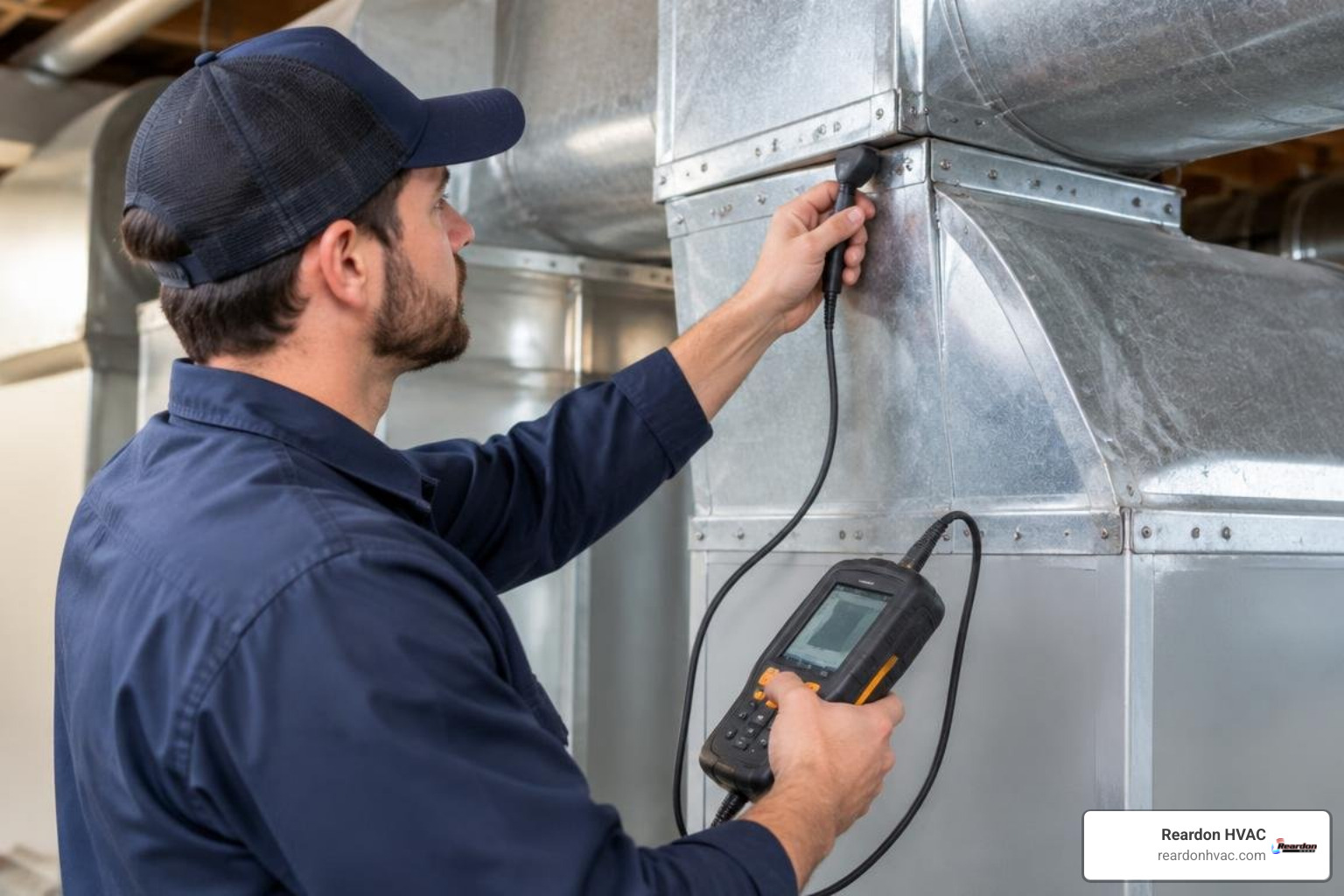 Technician using diagnostic tools to inspect HVAC duct joints
