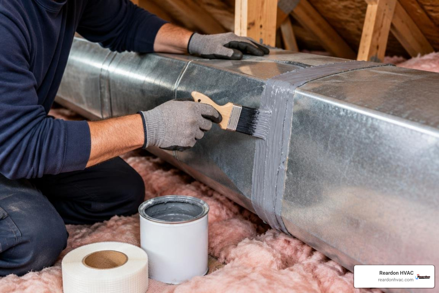 Technician sealing metal duct connections with mastic sealant