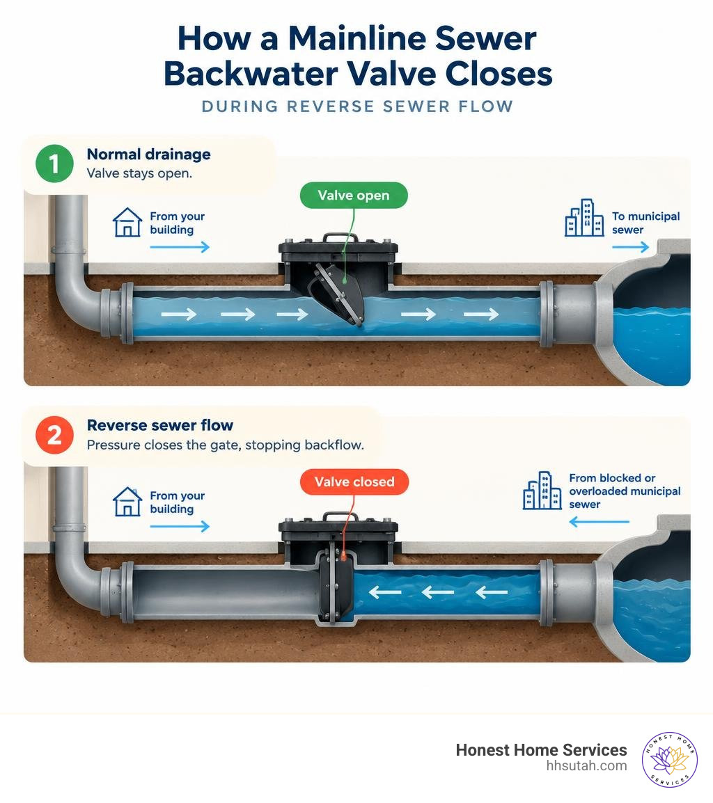 How a mainline sewer backwater valve closes during reverse sewer flow infographic How a mainline sewer backwater valve closes during reverse sewer flow infographic