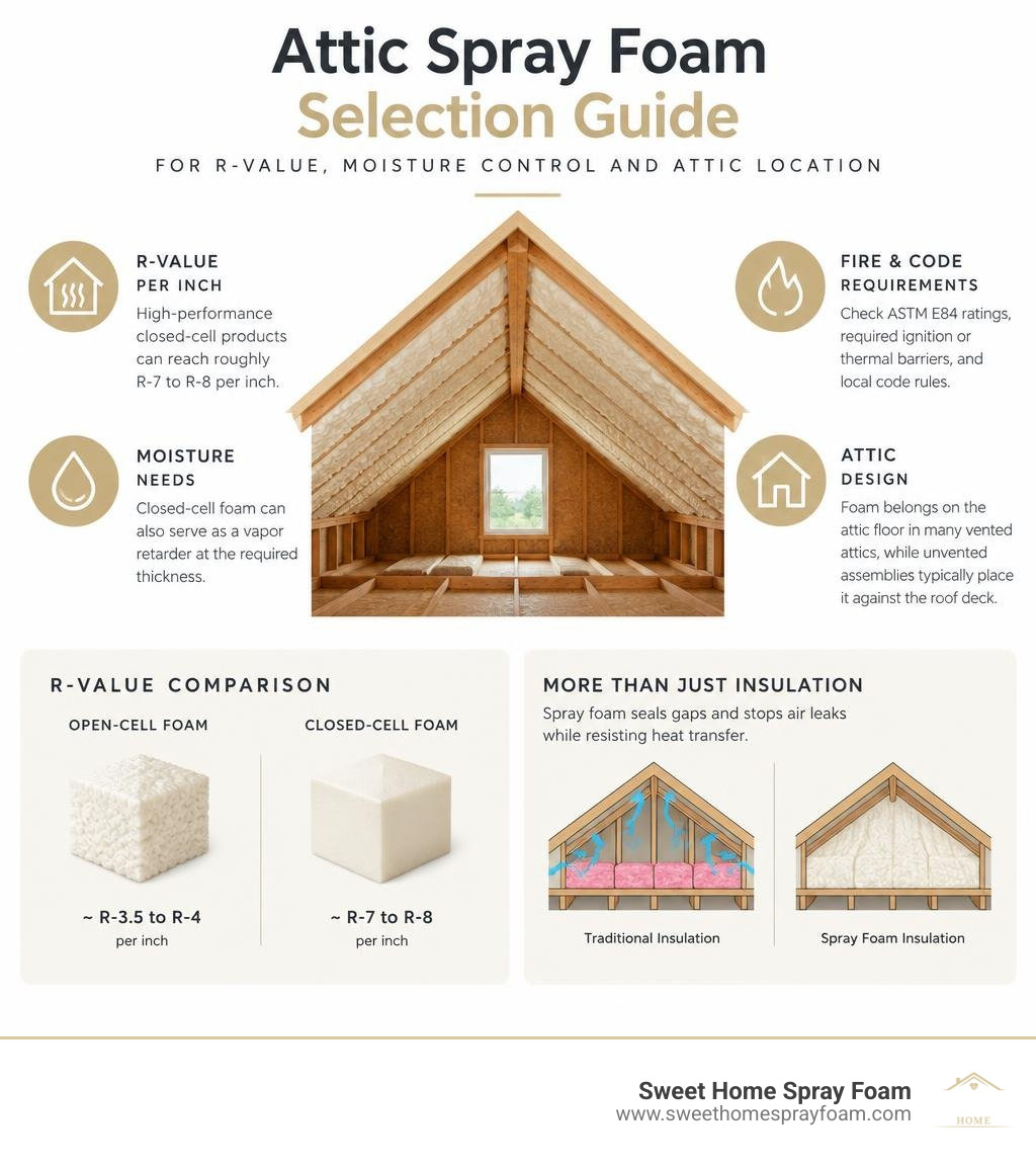 attic spray foam selection guide for R-value moisture control and attic location infographic attic spray foam selection guide for R-value moisture control and attic location infographic