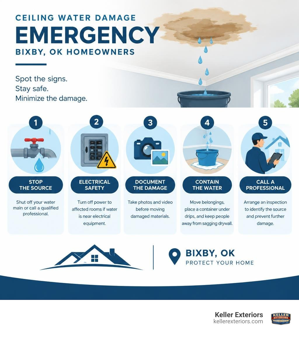 Colorful ceiling water damage emergency infographic for Bixby, OK homeowners showing warning signs, electrical safety, water