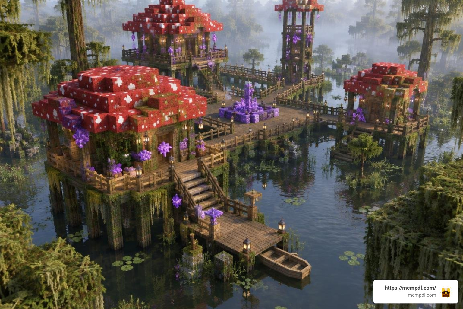 aesthetic swamp base built with toadstool and mossy oak blocks