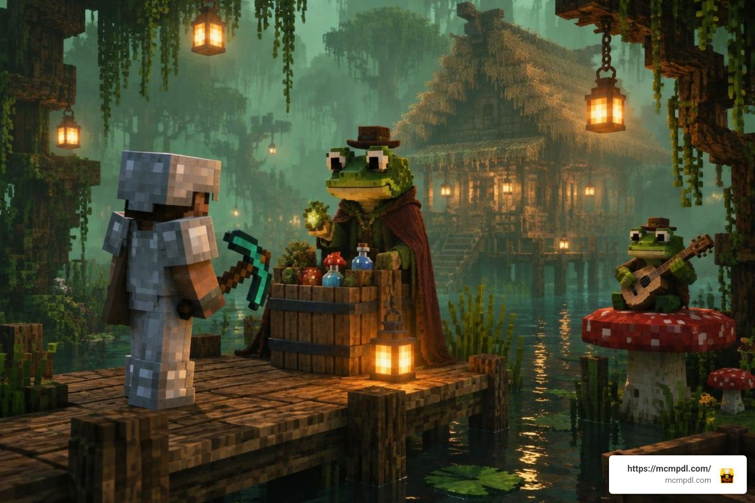 player interacting with merchant and musician frogs