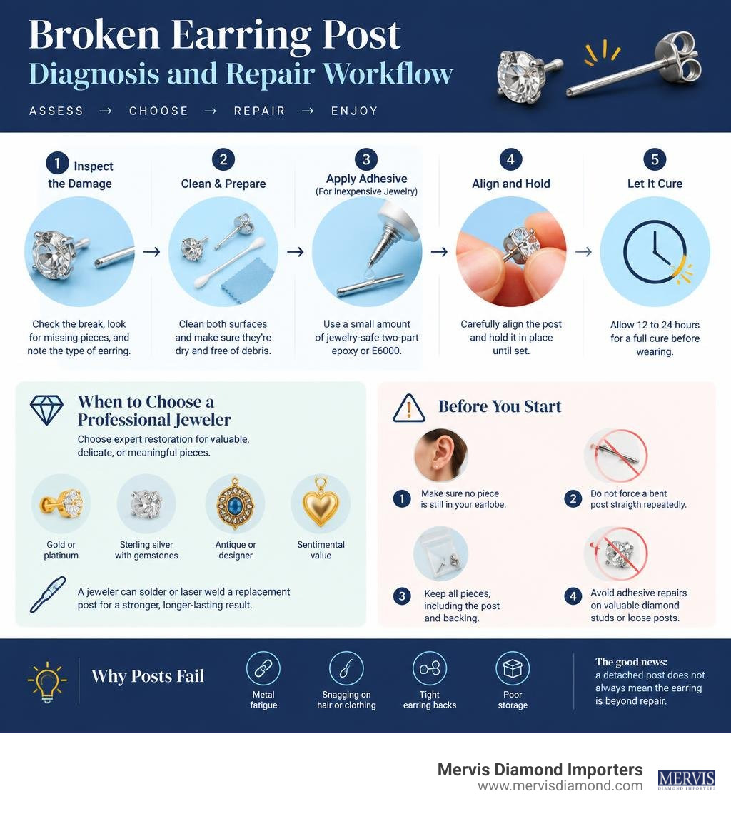 Broken earring post diagnosis and repair workflow infographic Broken earring post diagnosis and repair workflow infographic