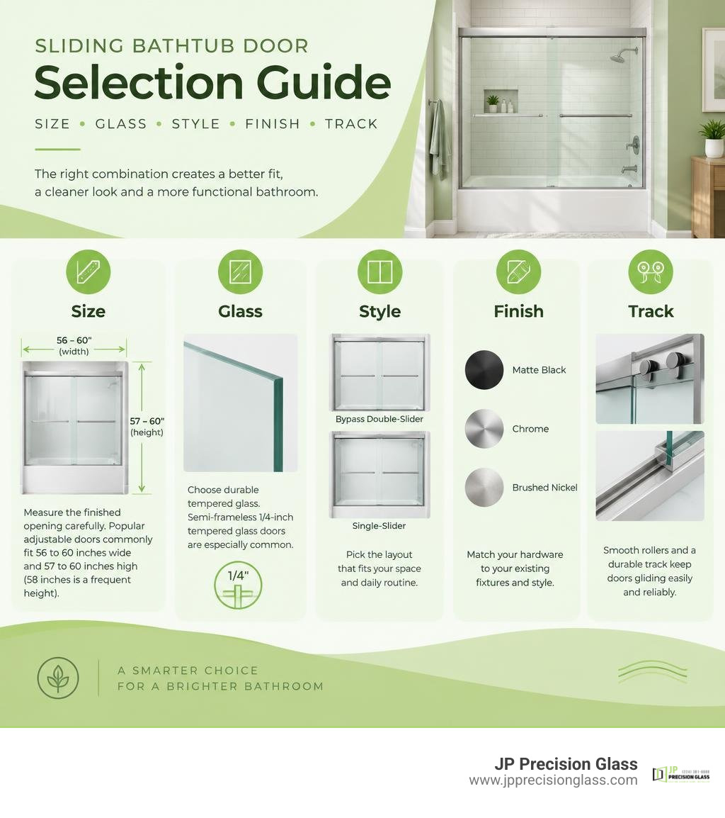 Sliding bathtub door selection guide: size, glass, style, finish, and track infographic Sliding bathtub door selection guide: size, glass, style, finish, and track infographic