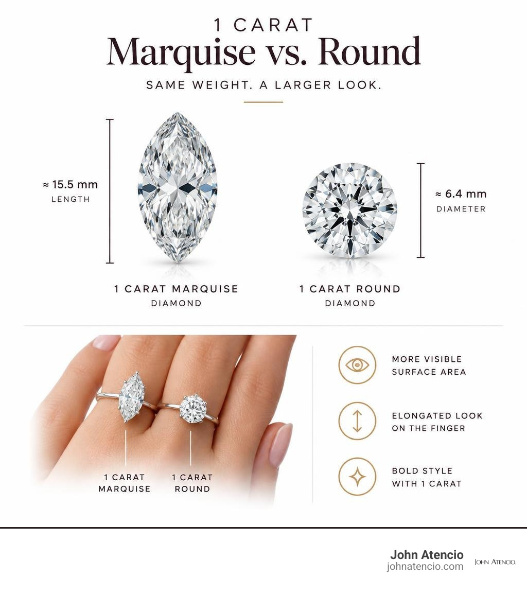 1 carat marquise diamond visible size compared with round diamond infographic