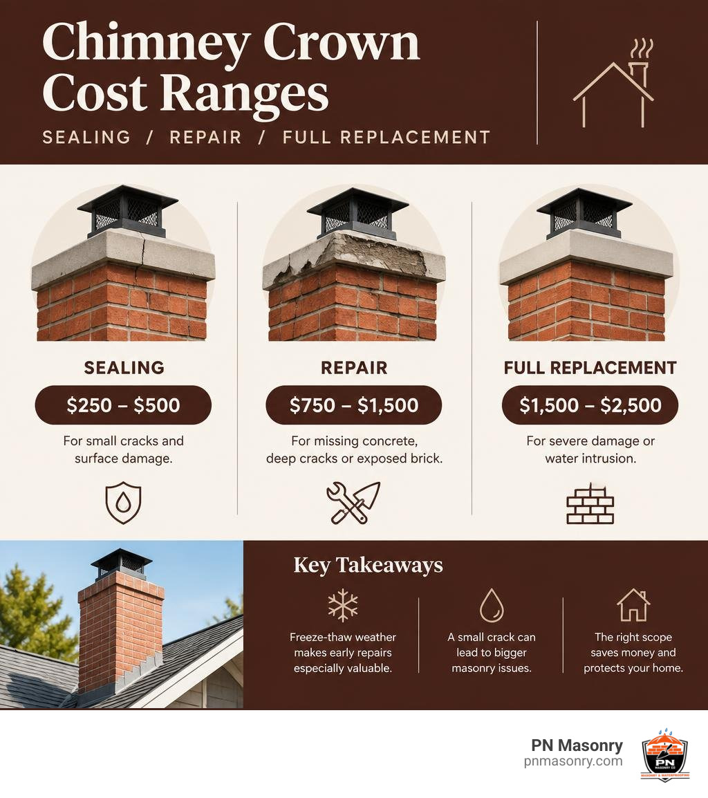 Chimney crown cost ranges for sealing, repair, and full replacement infographic Chimney crown cost ranges for sealing, repair, and full replacement infographic