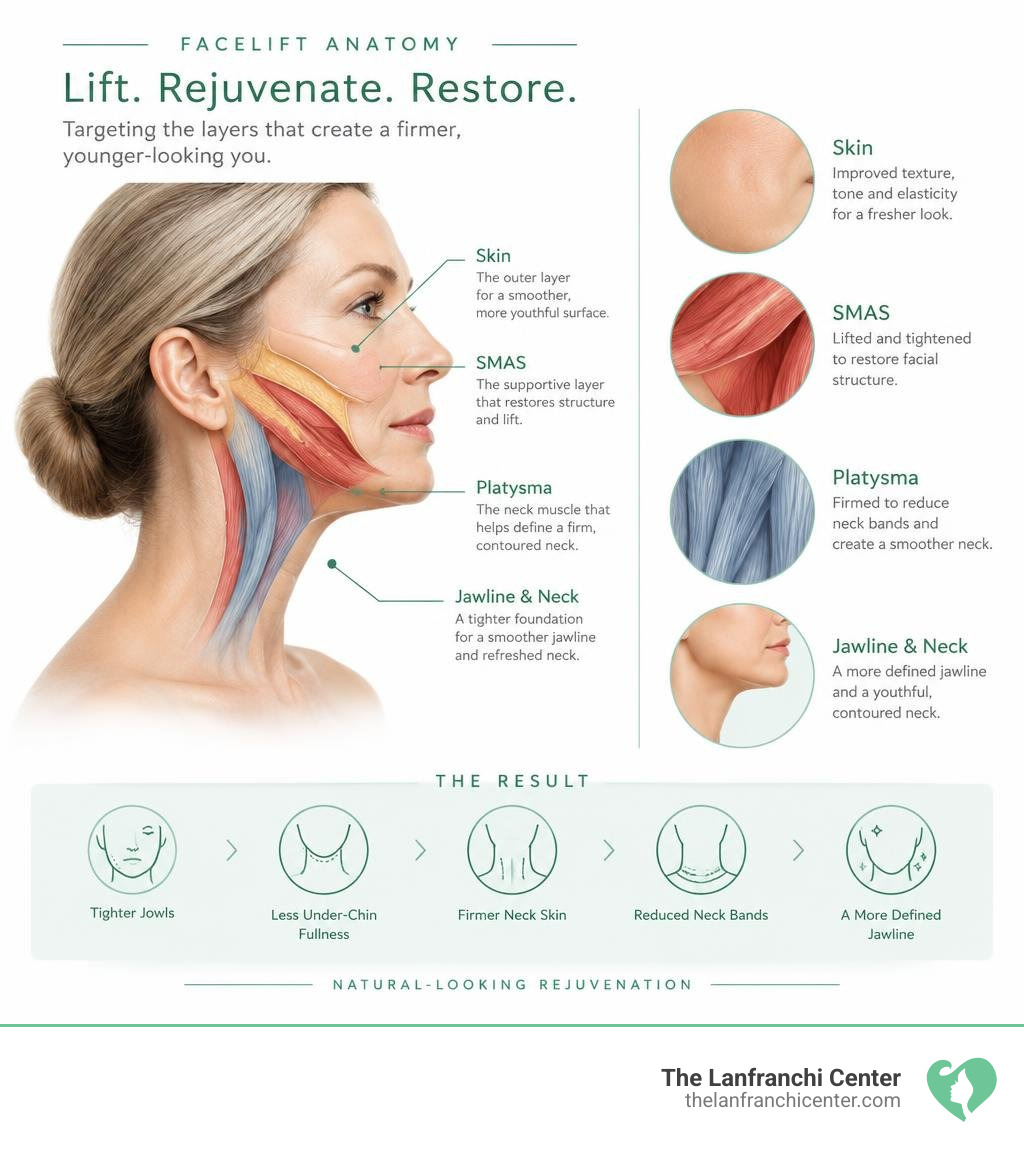 Facelift anatomy showing skin SMAS platysma jawline and neck rejuvenation infographic