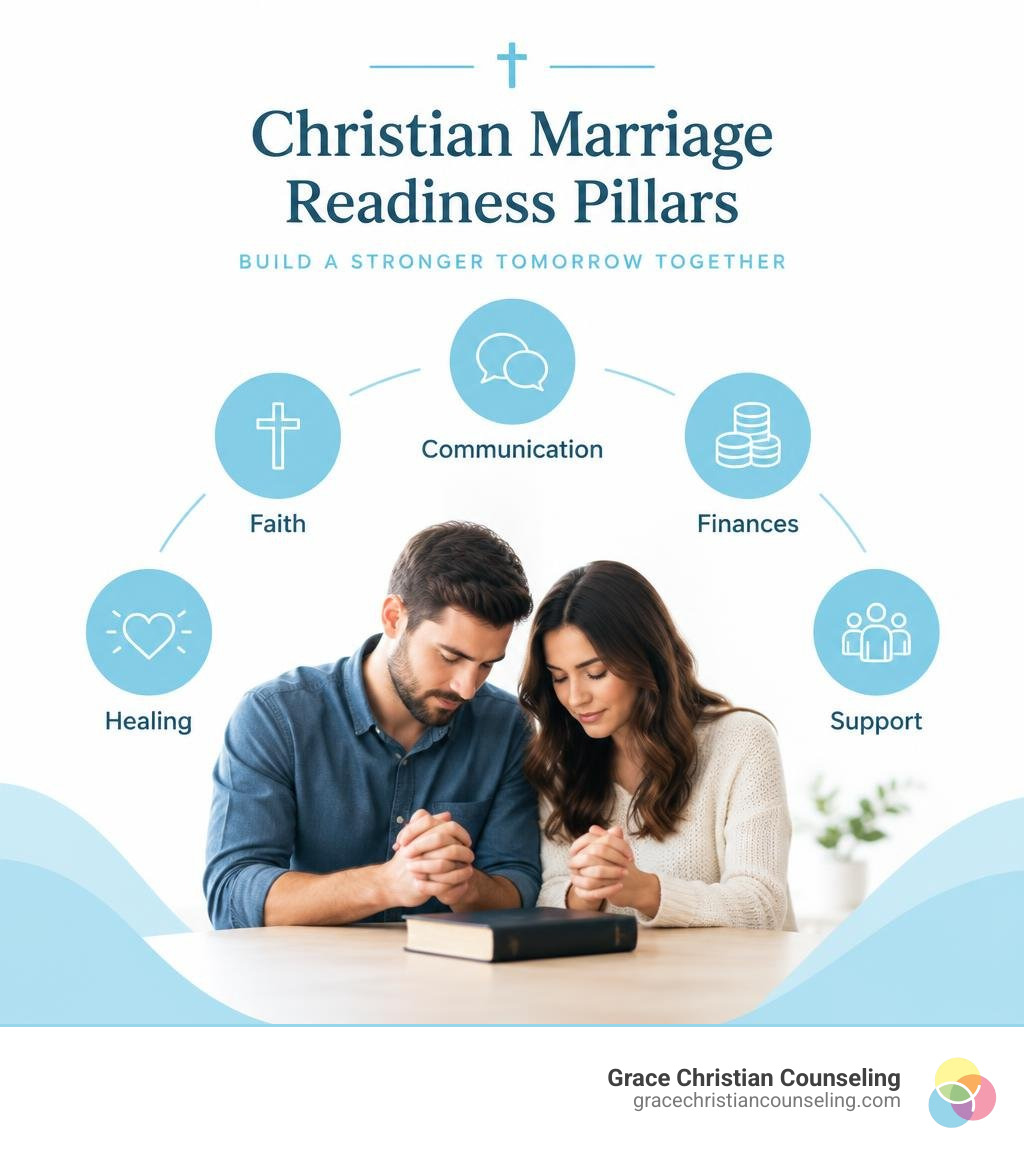 Christian marriage readiness pillars: faith, communication, finances, healing, and support infographic Christian marriage readiness pillars: faith, communication, finances, healing, and support infographic
