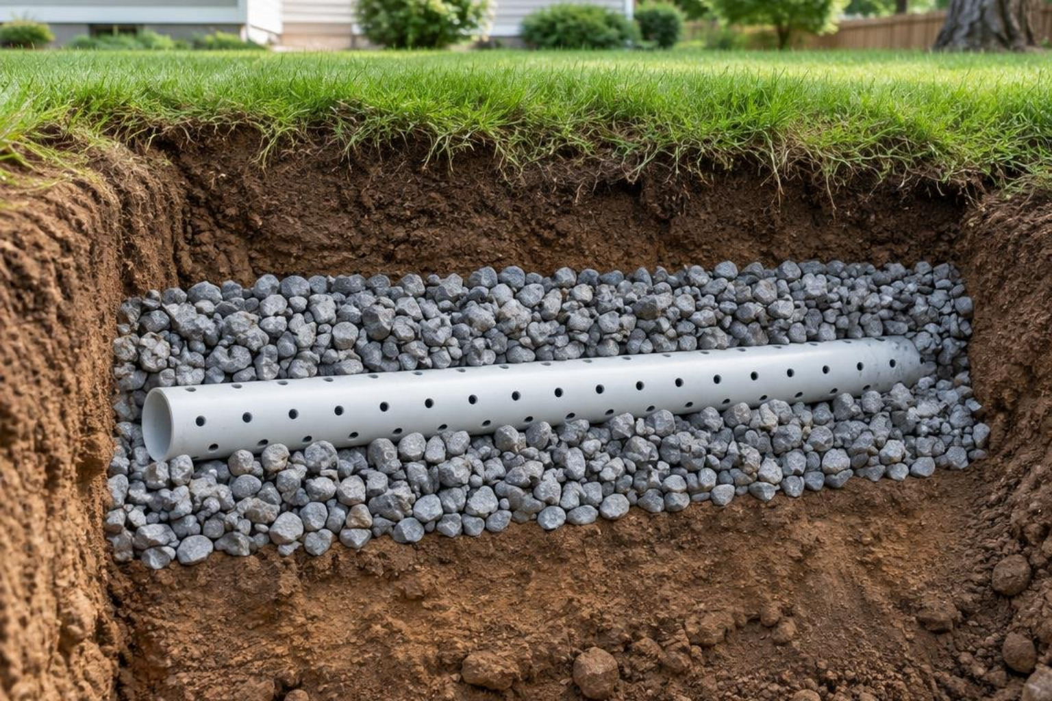 Underground trench cross-section with perforated pipe Underground trench cross-section with perforated pipe