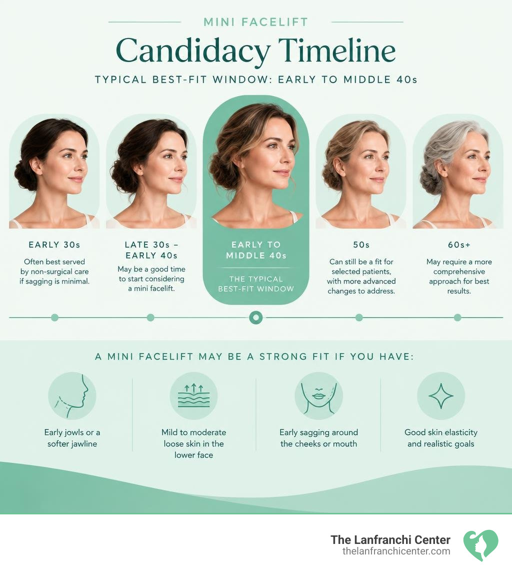 Mini facelift candidacy timeline showing early to middle 40s as the typical best-fit window infographic Mini facelift candidacy timeline showing early to middle 40s as the typical best-fit window infographic