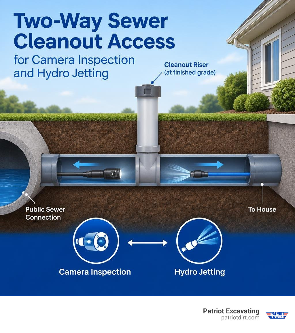 Two-way sewer cleanout access for camera inspection and hydro jetting infographic Two-way sewer cleanout access for camera inspection and hydro jetting infographic