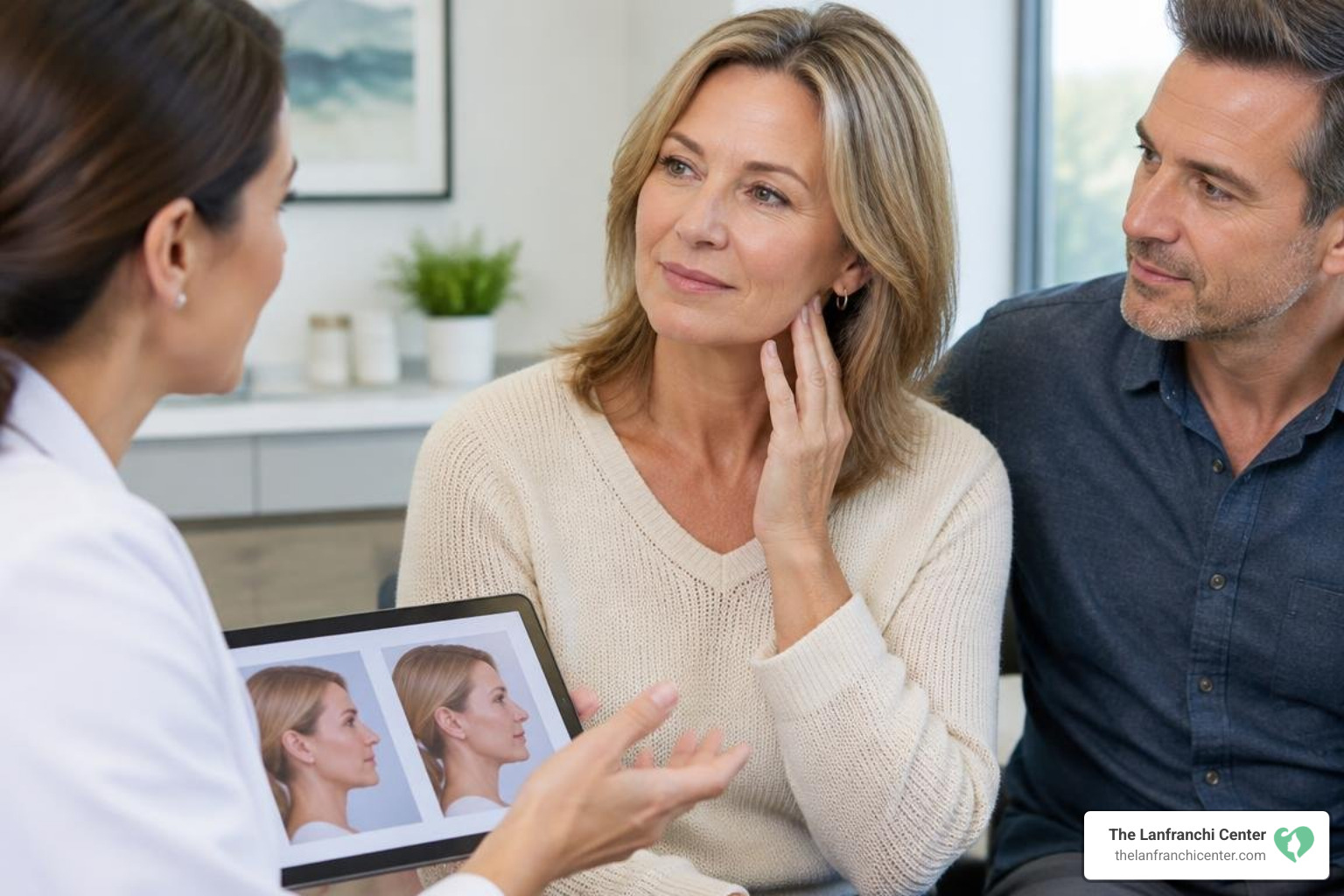 Adult patients in their 30s to 50s discussing mini facelift candidacy, with the early to middle 40s as the typical treatment Adult patients in their 30s to 50s discussing mini facelift candidacy, with the early to middle 40s as the typical treatment