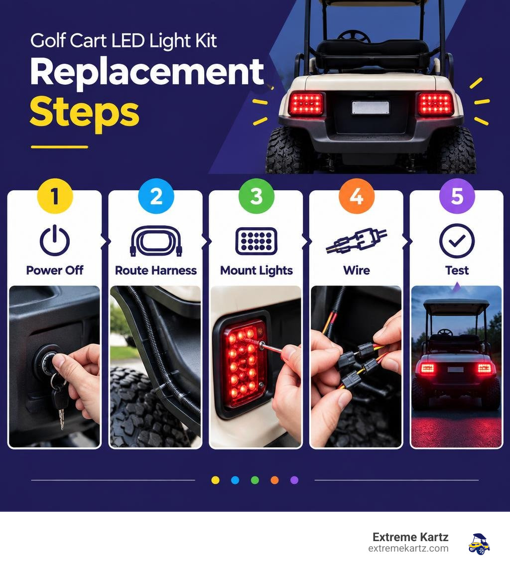 Golf cart LED light kit replacement steps: power off, route harness, mount lights, wire, test infographic Golf cart LED light kit replacement steps: power off, route harness, mount lights, wire, test infographic