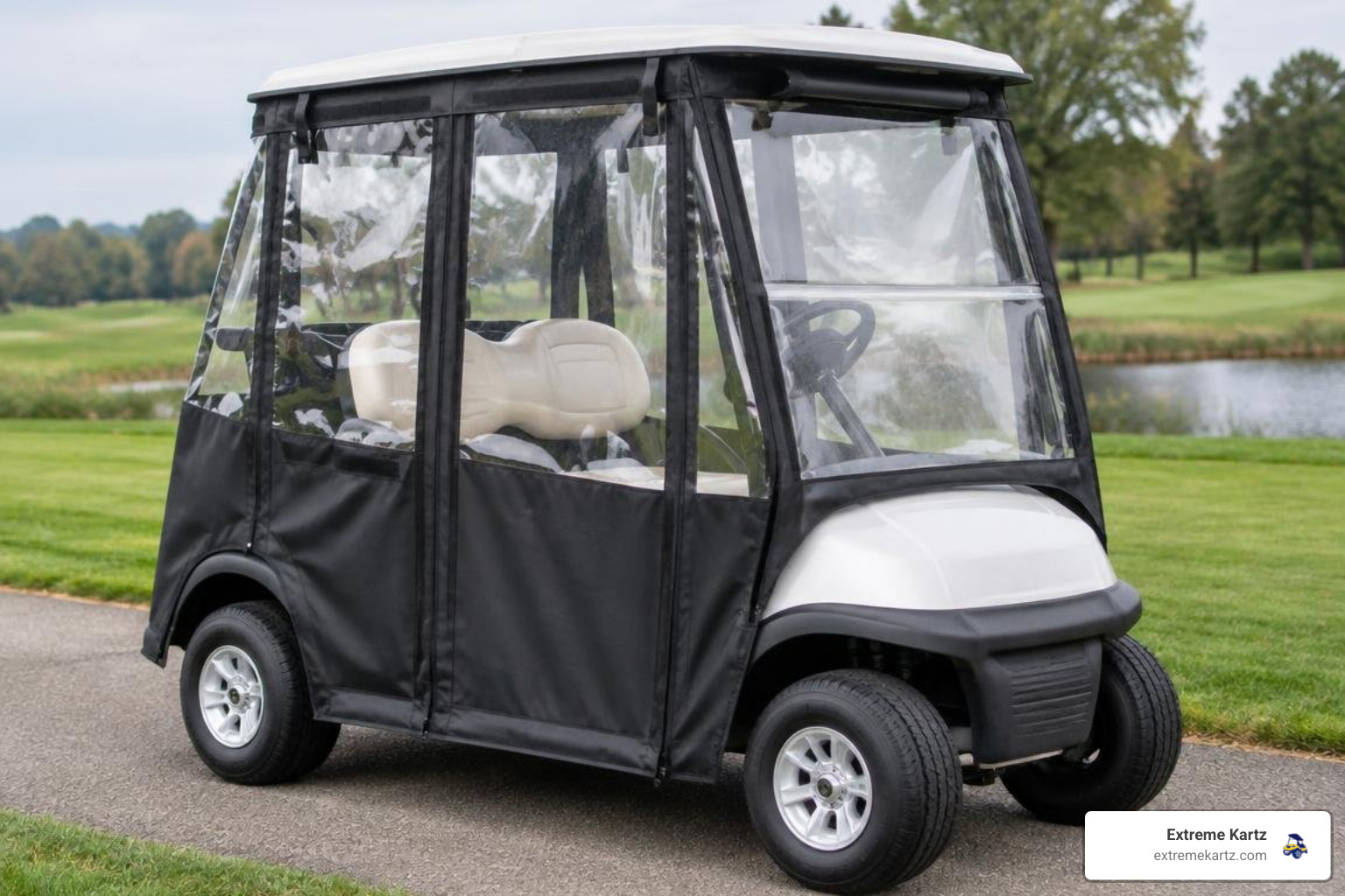 Track-mounted all-weather golf cart enclosure Track-mounted all-weather golf cart enclosure