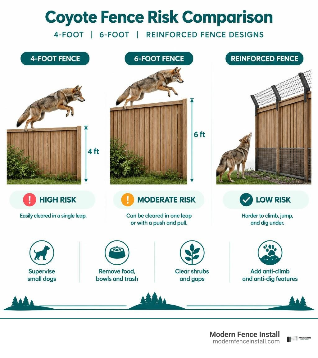 Coyote fence risk comparison: 4-foot, 6-foot, and reinforced fence designs infographic