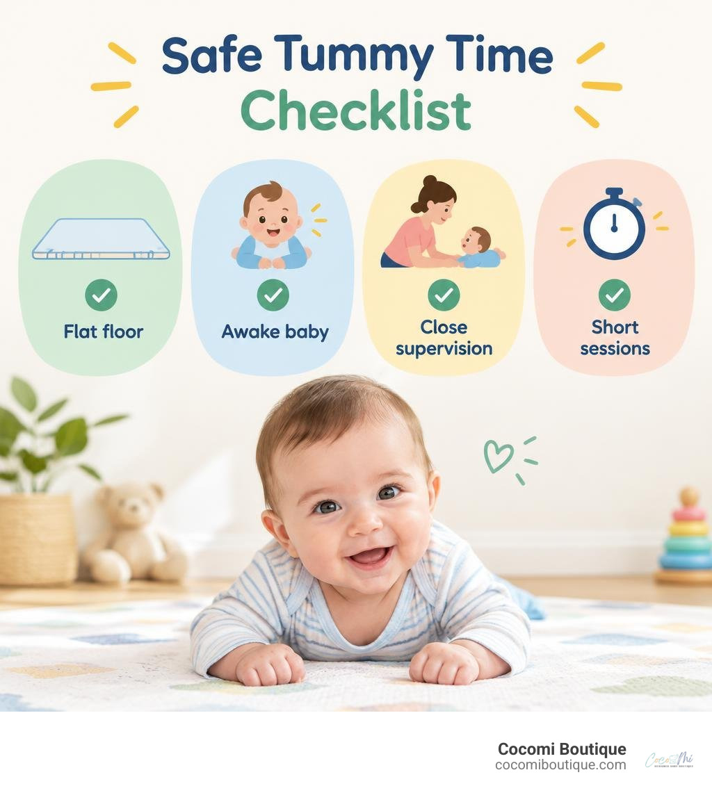 Safe tummy time checklist: flat floor, awake baby, close supervision, short sessions infographic