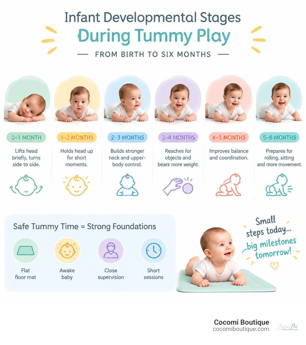 Infant developmental stages during tummy play from birth to six months infographic