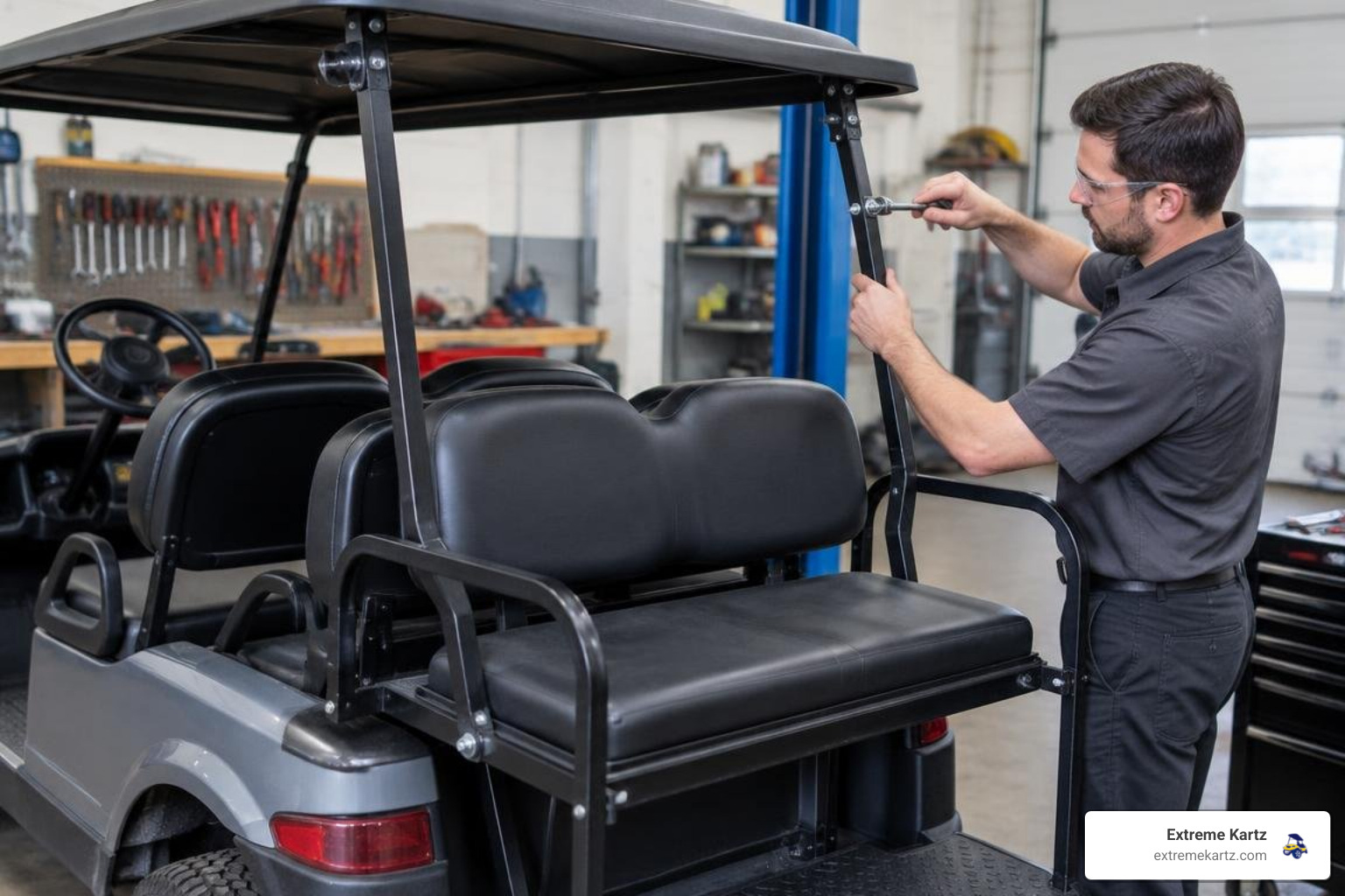 Technician installing extended rear roof support struts on a four-passenger Club Car Precedent golf cart Technician installing extended rear roof support struts on a four-passenger Club Car Precedent golf cart