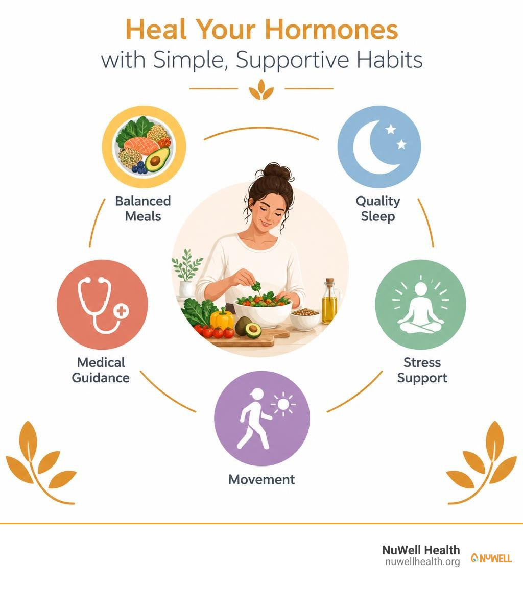 Infographic showing balanced meals sleep stress support movement and medical guidance infographic Infographic showing balanced meals sleep stress support movement and medical guidance infographic