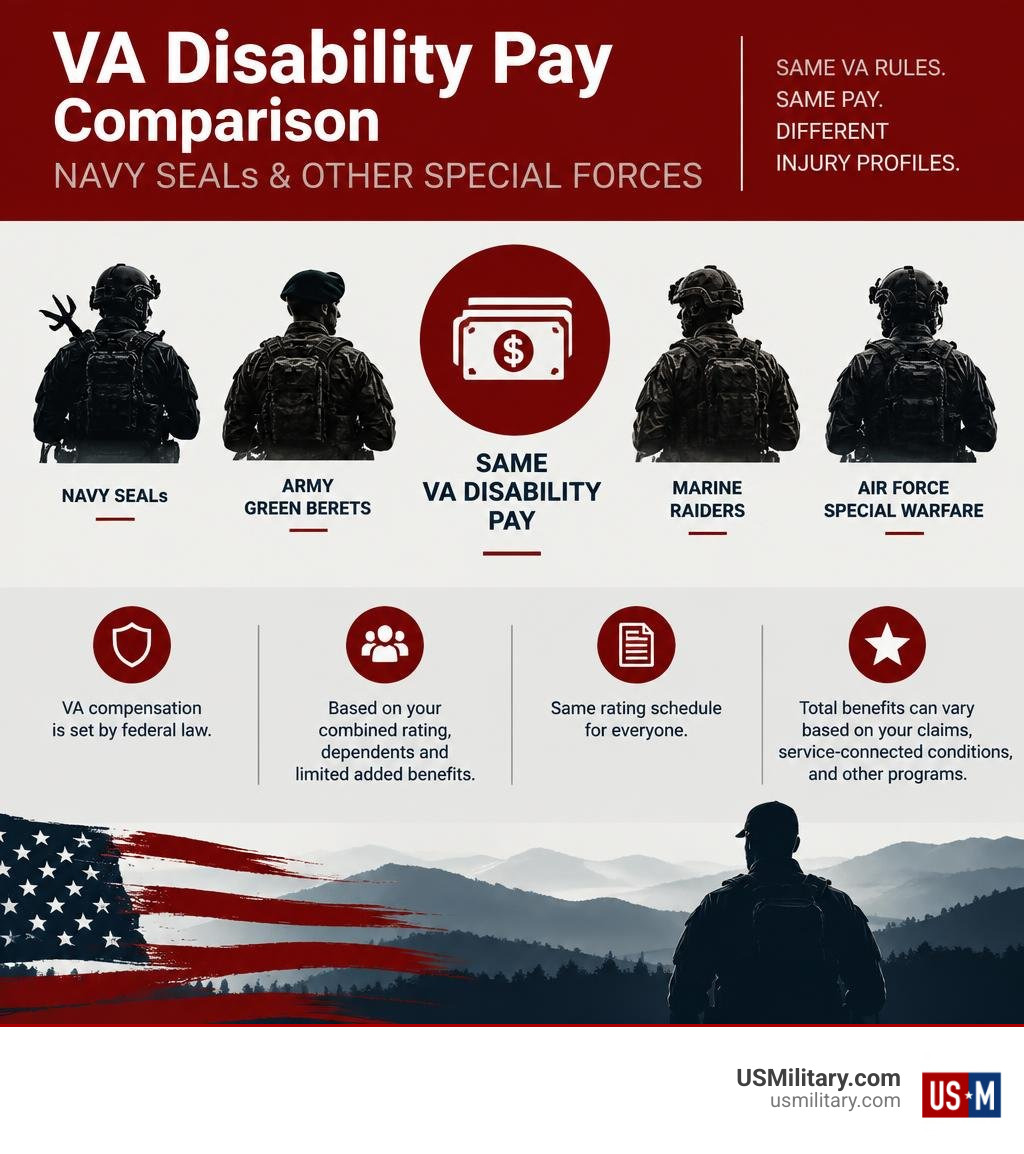 VA disability pay comparison for Navy SEALs and other special forces infographic