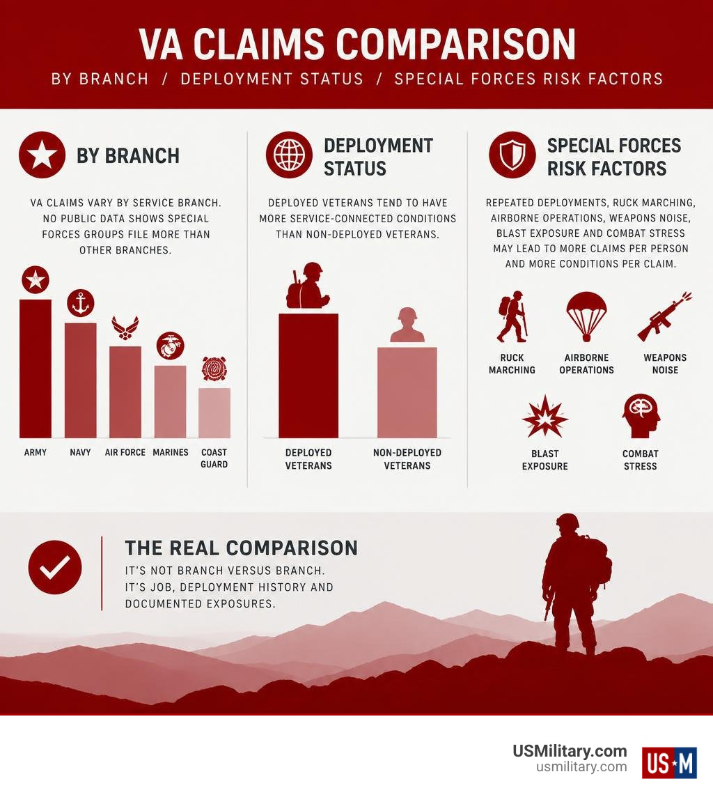 VA claims comparison by branch, deployment status, and Special Forces risk factors infographic