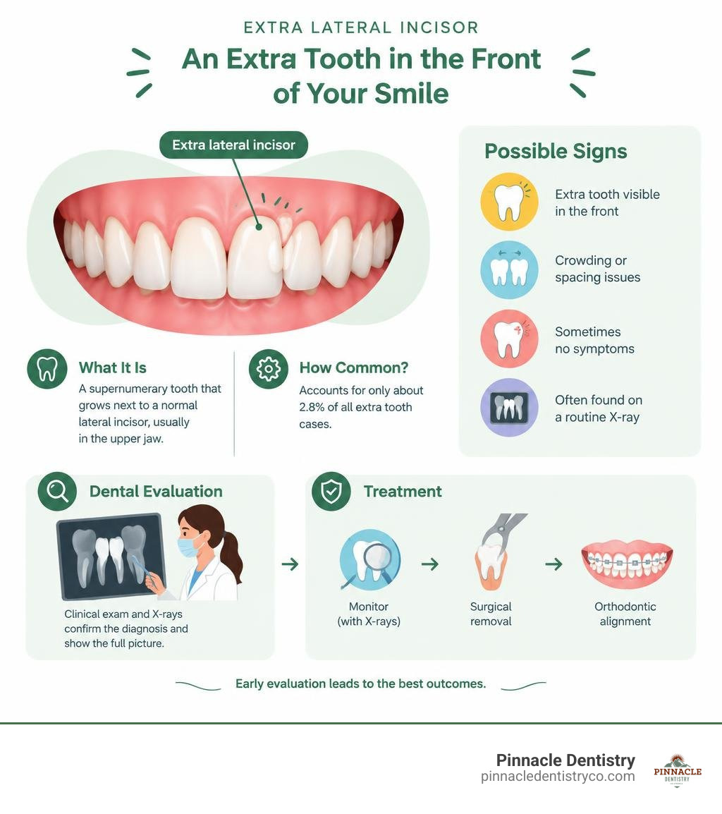 Colorful infographic explaining an extra lateral incisor, including a highlighted extra front tooth, possible signs, dental Colorful infographic explaining an extra lateral incisor, including a highlighted extra front tooth, possible signs, dental