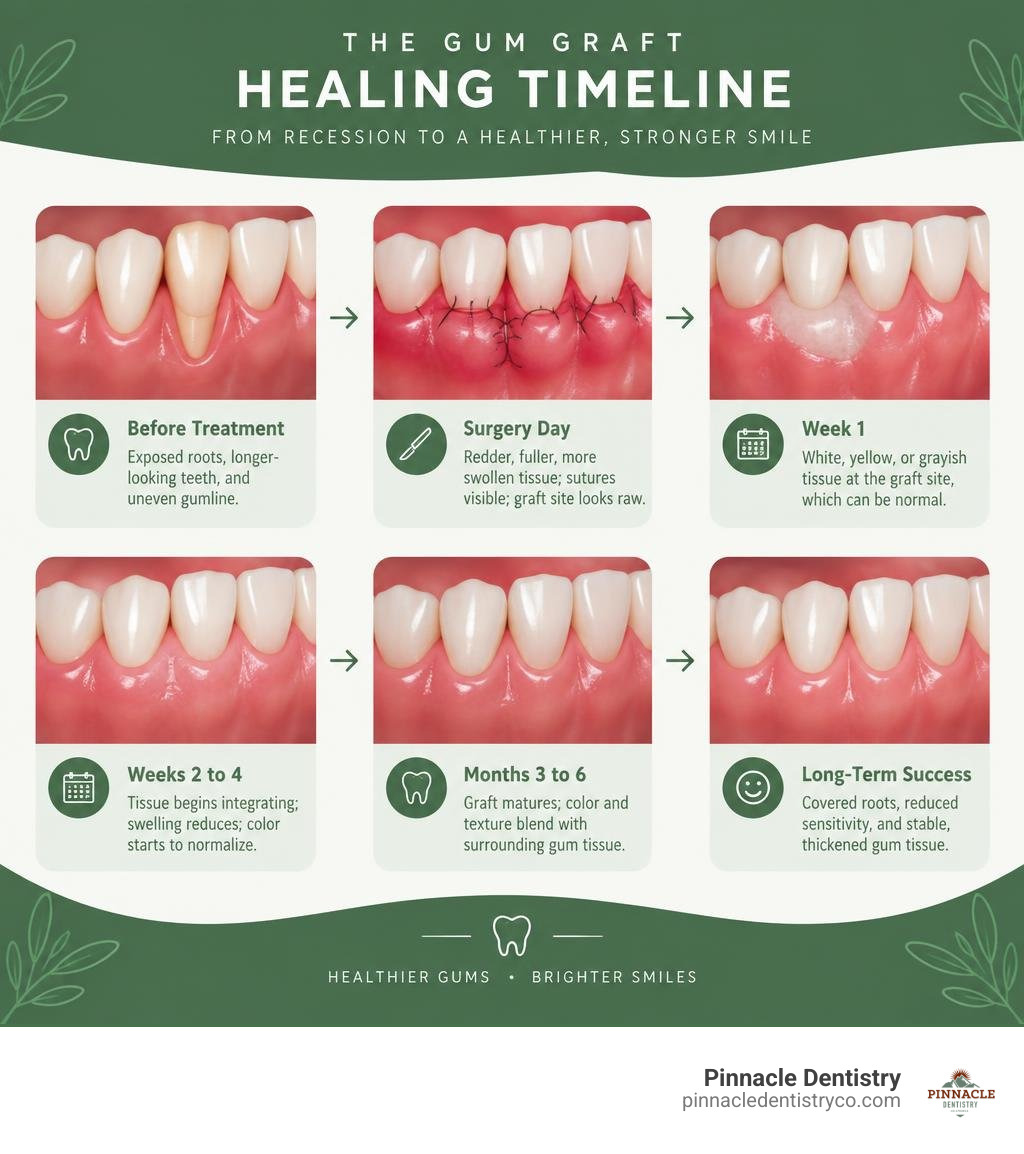Colorful infographic showing the gum graft healing timeline from gum recession before treatment through surgery day, week Colorful infographic showing the gum graft healing timeline from gum recession before treatment through surgery day, week
